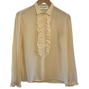 Vtg 100% Silk Cream Ruffle Front Cuffs Size 10 Kasper for J.L.S Sport